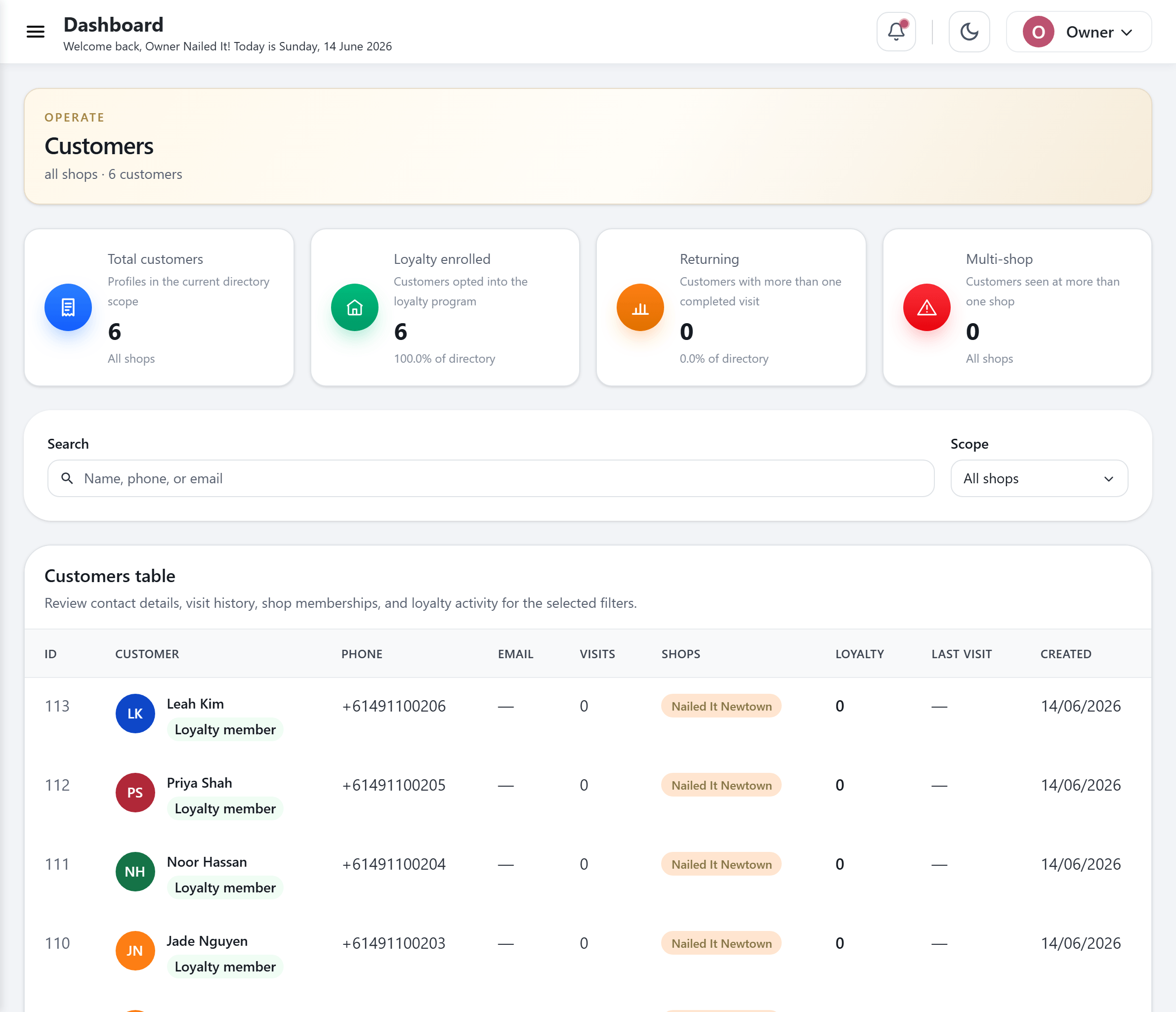 CheckIn client CRM with customer profiles, visits and loyalty enrolment